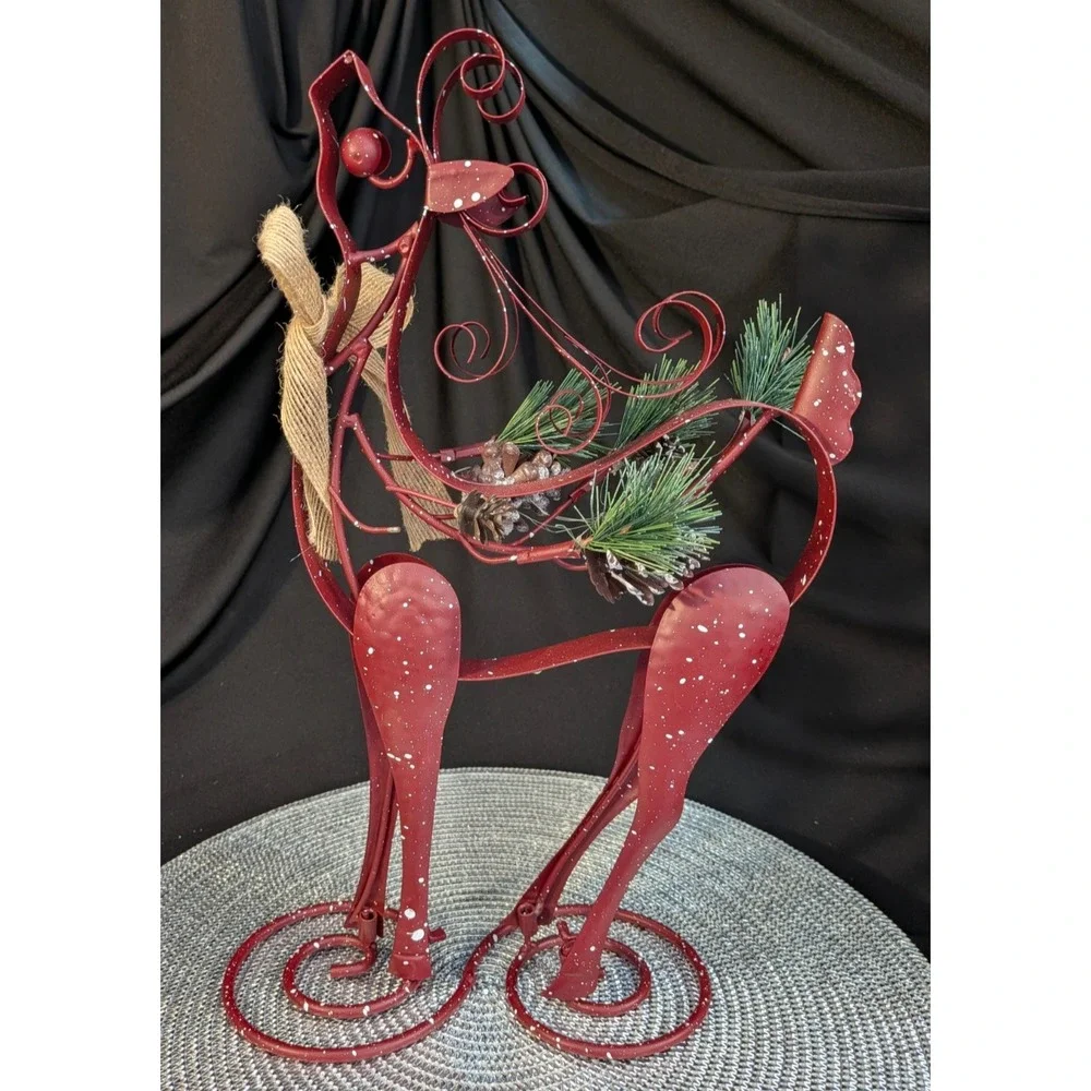Vtg Rustic Metal Reindeer Tabletop Figurine Snow Splatter Pinecone Burlap 14